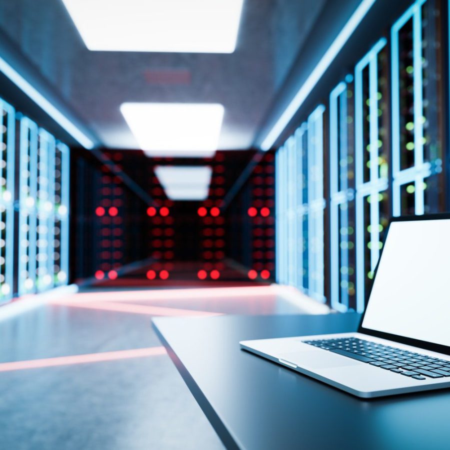 Admin computer in network server room or data center