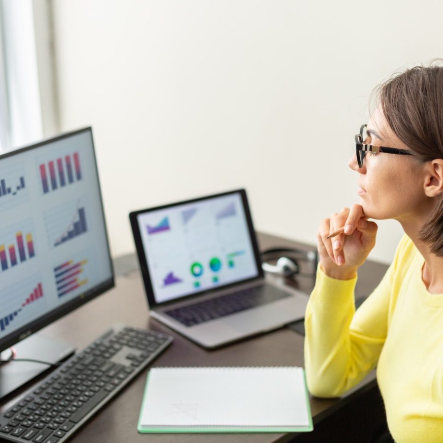 Caucasian advisor financial business analytics woman with data dashboard graphs