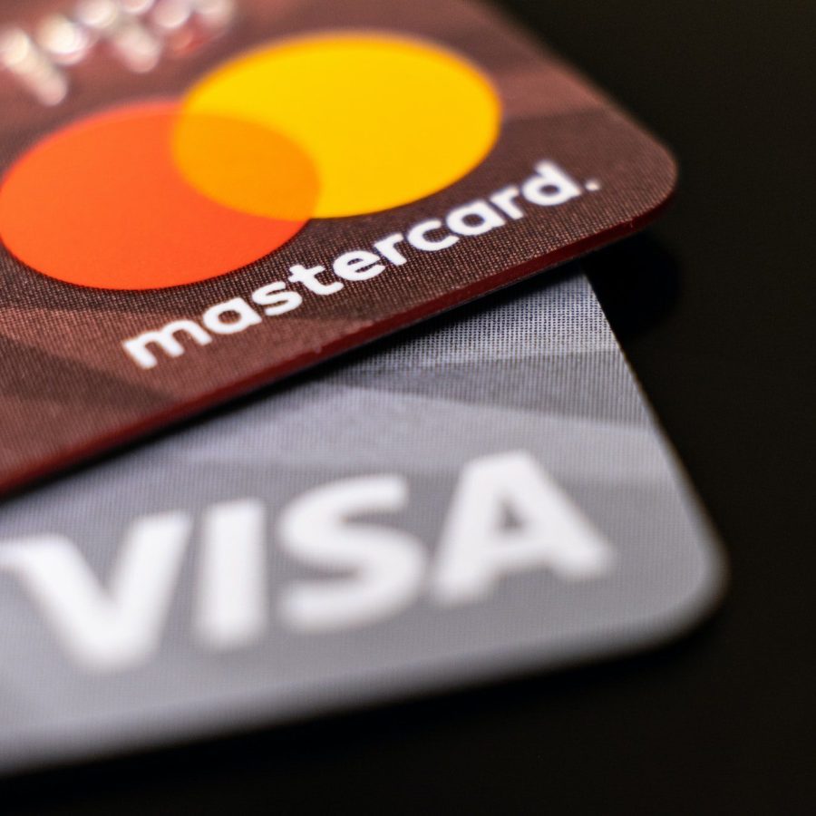 Mastercard and visa plastic electronic credit cards macro close up. ISTANBUL, TURKEY - February 2022